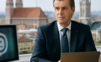 Symbolbild: Moderne Glasfassade des Google-Standorts in München mit Google-Logo, darüber abstrahierte digitale Sicherheits-Icons und Cloud-Symbole, die IT-Sicherheit, Cloud-Dienste und Cyberabwehr für Behörden und Unternehmen in Europa darstellen.