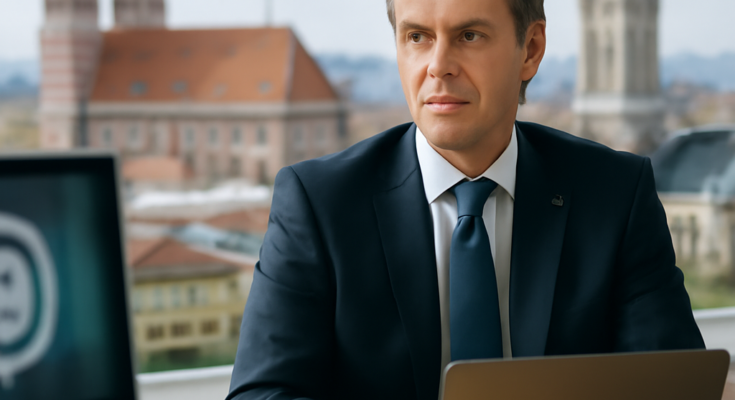 Symbolbild: Moderne Glasfassade des Google-Standorts in München mit Google-Logo, darüber abstrahierte digitale Sicherheits-Icons und Cloud-Symbole, die IT-Sicherheit, Cloud-Dienste und Cyberabwehr für Behörden und Unternehmen in Europa darstellen.