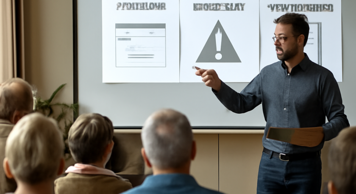 Symbolbild zu IT-Sicherheit: Person sitzt vor Laptop mit Warnsymbolen und Sicherheitssymbolen (Schloss, Schild), Texthinweis auf Informationsabend der „Aktiven Bürger Velburg“ zu Cybergefahren und Schutzmaßnahmen im Alltag.