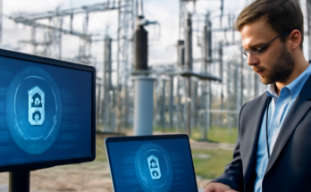 Symbolbild mit Stromleitungen und Umspannwerk bei Nacht, darüber abstrakte digitale Daten- und Netzwerkgrafiken; visualisiert IT-Sicherheit, Cyberangriffe und Resilienz in kritischen Energieinfrastrukturen im Kontext von NIS2, KRITIS und Smart Grids.