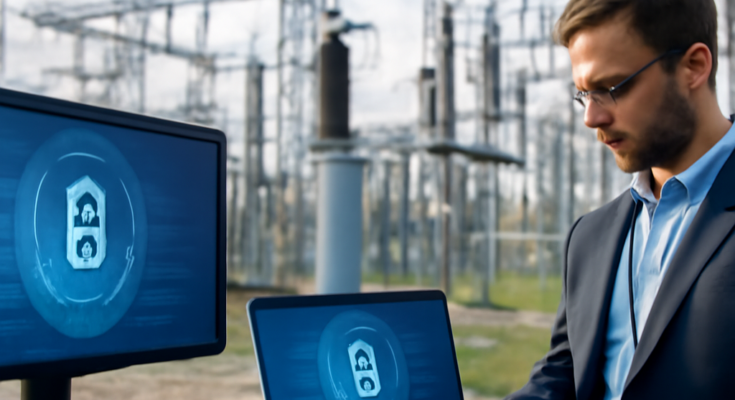 Symbolbild mit Stromleitungen und Umspannwerk bei Nacht, darüber abstrakte digitale Daten- und Netzwerkgrafiken; visualisiert IT-Sicherheit, Cyberangriffe und Resilienz in kritischen Energieinfrastrukturen im Kontext von NIS2, KRITIS und Smart Grids.