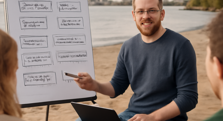 Björn sitzt mit Kolleginnen und Kollegen in sommerlicher Kleidung und Flipflops entspannt am Elbstrand, während sie sich im Team über IT-Sicherheit im Arbeitsalltag, starke Passwörter und Schutz vor Cyberangriffen austauschen.