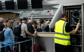 Alt-Text: „Passagiere warten im Terminal des Flughafens Düsseldorf an Check-in-Schaltern, Anzeigetafeln und Monitore im Hintergrund – der Betrieb läuft wegen einer IT-Störung nur eingeschränkt, es kommt zu Verzögerungen bei Abfertigung und Gepäck.“