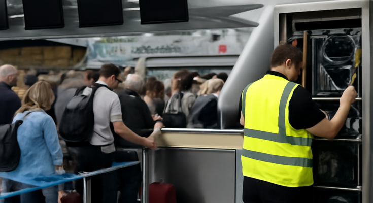 Alt-Text: „Passagiere warten im Terminal des Flughafens Düsseldorf an Check-in-Schaltern, Anzeigetafeln und Monitore im Hintergrund – der Betrieb läuft wegen einer IT-Störung nur eingeschränkt, es kommt zu Verzögerungen bei Abfertigung und Gepäck.“
