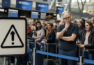 Lange Warteschlangen und dicht gedrängte Reisende im Abflugterminal des Flughafens Düsseldorf, viele Menschen warten wegen einer IT-Störung an den Check-in-Schaltern.