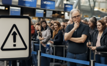 Lange Warteschlangen und dicht gedrängte Reisende im Abflugterminal des Flughafens Düsseldorf, viele Menschen warten wegen einer IT-Störung an den Check-in-Schaltern.