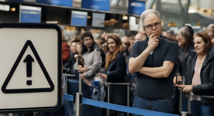 Lange Warteschlangen und dicht gedrängte Reisende im Abflugterminal des Flughafens Düsseldorf, viele Menschen warten wegen einer IT-Störung an den Check-in-Schaltern.