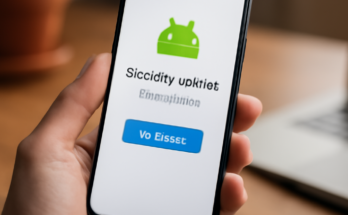 Alt-Text: Smartphone in der Hand, auf dem Display ist der Android-Einstellungsbildschirm mit einem laufenden System- und Sicherheitsupdate zu sehen, dazu ein deutlich sichtbarer Hinweis auf ein wichtiges Sicherheitsupdate gegen kritische Lücken.