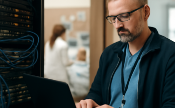 Symbolbild: Moderne Krankenhaus-IT-Zentrale mit Monitoren, Netzwerk- und Sicherheitsanzeigen, im Hintergrund unscharf Klinikflur – verdeutlicht Verwundbarkeit und Bedeutung von IT-Sicherheit in kritischer Infrastruktur wie Krankenhäusern.