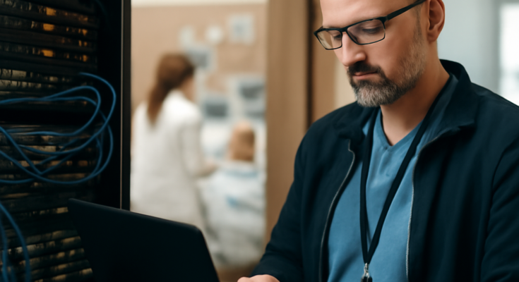 Symbolbild: Moderne Krankenhaus-IT-Zentrale mit Monitoren, Netzwerk- und Sicherheitsanzeigen, im Hintergrund unscharf Klinikflur – verdeutlicht Verwundbarkeit und Bedeutung von IT-Sicherheit in kritischer Infrastruktur wie Krankenhäusern.