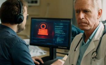 Symbolbild: Moderne Krankenhausstation mit Monitoren, vernetzter Medizintechnik und IT-Arbeitsplatz, das die Klinik als kritische Infrastruktur zeigt und auf die Bedeutung von Cybersicherheit und Schutz sensibler Patientendaten hinweist.