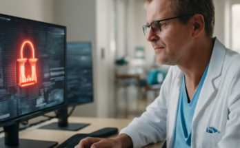 Alt-Text: Ärztin steht vor Monitorwand mit digitalen Patientenakten und Netzwerkdiagrammen in einem Klinikleitstand; im Vordergrund Warnsymbole für Cyberangriffe, im Hintergrund Krankenhausgebäude mit hervorgehobener IT-Infrastruktur – Fokus auf IT-Sicherheit in Kliniken als kritische Infrastruktur.