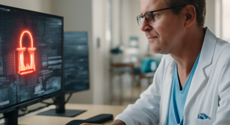 Alt-Text: Ärztin steht vor Monitorwand mit digitalen Patientenakten und Netzwerkdiagrammen in einem Klinikleitstand; im Vordergrund Warnsymbole für Cyberangriffe, im Hintergrund Krankenhausgebäude mit hervorgehobener IT-Infrastruktur – Fokus auf IT-Sicherheit in Kliniken als kritische Infrastruktur.