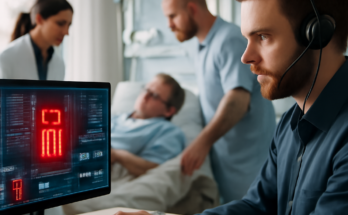 Symbolbild: Moderne Krankenhausstation mit vernetzten Monitoren und Medizingeräten, im Vordergrund ein Arzt vor mehreren Bildschirmen mit abstrahierter Cyber-Sicherheitsgrafik (Schloss/Schild), die die Klinik als kritische Infrastruktur und die Bedeutung von IT-Sicherheit für die Patientenversorgung zeigt.