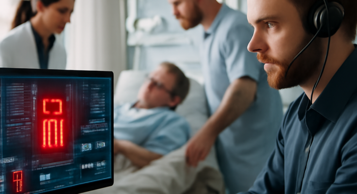 Symbolbild: Moderne Krankenhausstation mit vernetzten Monitoren und Medizingeräten, im Vordergrund ein Arzt vor mehreren Bildschirmen mit abstrahierter Cyber-Sicherheitsgrafik (Schloss/Schild), die die Klinik als kritische Infrastruktur und die Bedeutung von IT-Sicherheit für die Patientenversorgung zeigt.