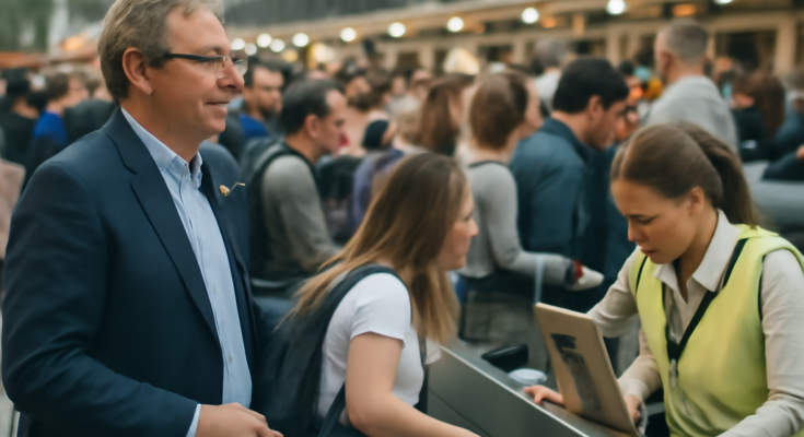 Lange Warteschlange vor Check-in-Schaltern am Flughafen Düsseldorf, gestresste Reisende warten wegen einer IT-Störung auf die Abfertigung.