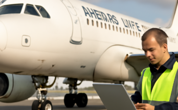 Beitragsbild: Ein Airbus A320 auf dem Vorfeld vor einem Terminal, im Vordergrund ein Techniker oder Wartungsfahrzeug, das auf laufende Software-Updates und Wartungsarbeiten an der A320-Flotte hinweist.