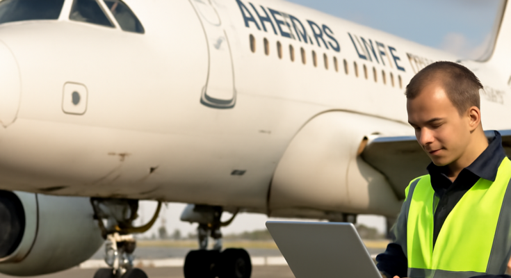 Beitragsbild: Ein Airbus A320 auf dem Vorfeld vor einem Terminal, im Vordergrund ein Techniker oder Wartungsfahrzeug, das auf laufende Software-Updates und Wartungsarbeiten an der A320-Flotte hinweist.