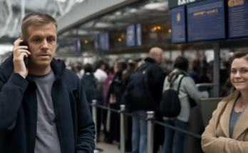Menschenmenge vor geschlossenen Check-in-Schaltern am Flughafen Düsseldorf, lange Warteschlangen mit wartenden Passagieren und Koffern, Anzeigetafeln im Hintergrund – Symbolbild für IT-Störung beim Check-in, verpasste Flüge und chaotische Szenen trotz inzwischen stabilisierter Systeme.