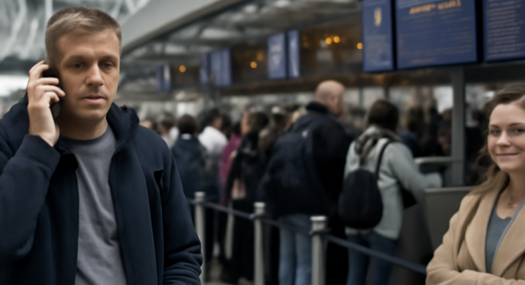 Menschenmenge vor geschlossenen Check-in-Schaltern am Flughafen Düsseldorf, lange Warteschlangen mit wartenden Passagieren und Koffern, Anzeigetafeln im Hintergrund – Symbolbild für IT-Störung beim Check-in, verpasste Flüge und chaotische Szenen trotz inzwischen stabilisierter Systeme.