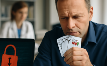 Symbolbild zur IT-Sicherheit der elektronischen Patientenakte: Arztpraxis- oder Klinikrechner mit geöffnetem Patientendatensatz, darüber Spielkarten mit Warnsymbolen und digitalem Schloss, die auf hohe Angriffsfläche und „schlechte Karten“ beim Start der ePA für alle hinweisen.