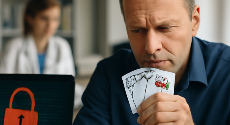 Symbolbild zur IT-Sicherheit der elektronischen Patientenakte: Arztpraxis- oder Klinikrechner mit geöffnetem Patientendatensatz, darüber Spielkarten mit Warnsymbolen und digitalem Schloss, die auf hohe Angriffsfläche und „schlechte Karten“ beim Start der ePA für alle hinweisen.