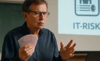 Symbolbild zur IT-Sicherheit der elektronischen Patientenakte: Eine abstrakte Europakarte, darüber digitale Gesundheitskarte und Akte mit Warnsymbol, umgeben von roten Sicherheits-Icons und Codezeilen, die Verwundbarkeit sensibler Gesundheitsdaten und kritischer Infrastrukturen in Europa andeuten.