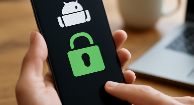 Symbolbild zu Android-Sicherheitslücke: Smartphone mit Android-Logo in Nahaufnahme, darüber ein rotes Warnsymbol oder ein Schild mit Schloss, das auf eine kritische Schwachstelle und dringend nötige Sicherheitsupdates hinweist.