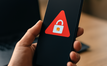 Symbolbild: Person hält ein Android-Smartphone in der Hand, auf dem ein Warnsymbol oder Sicherheitshinweis angezeigt wird, dazu im Hintergrund unscharf weitere Mobilgeräte – Thema Sicherheitslücke und betroffene Android-Geräte.