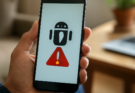 Alt-Text: Symbolbild eines Android-Smartphones mit eingeblendetem Warnsymbol und Sicherheitshinweisen, das auf eine aktuelle Sicherheitslücke und die Notwendigkeit von Updates und vorsichtigem App-Umgang hinweist.
