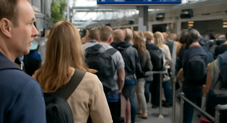 Alt-Text: „Flughafen Düsseldorf mit Check-in-Schaltern und wartenden Passagieren, Betrieb nach IT-Störung wieder weitgehend stabil, aber weiterhin mit Verzögerungen und längeren Warteschlangen.“