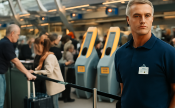 Menschen stehen in langen Schlangen vor Check-in-Schaltern im Terminal des Flughafens Düsseldorf; Monitore im Hintergrund, Personal arbeitet mit Notprozessen – Symbolbild zur inzwischen behobenen IT-Störung und den vom Airport genannten technischen Gründen.