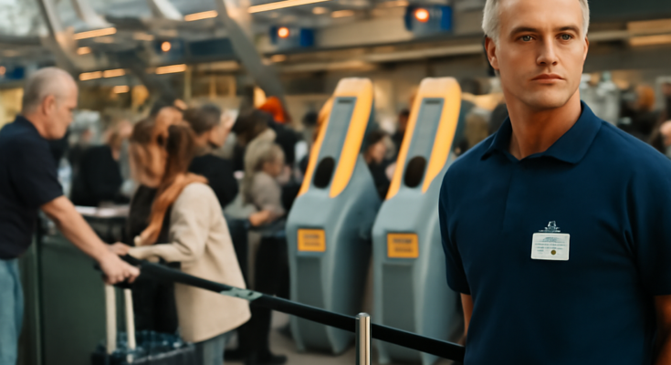 Menschen stehen in langen Schlangen vor Check-in-Schaltern im Terminal des Flughafens Düsseldorf; Monitore im Hintergrund, Personal arbeitet mit Notprozessen – Symbolbild zur inzwischen behobenen IT-Störung und den vom Airport genannten technischen Gründen.