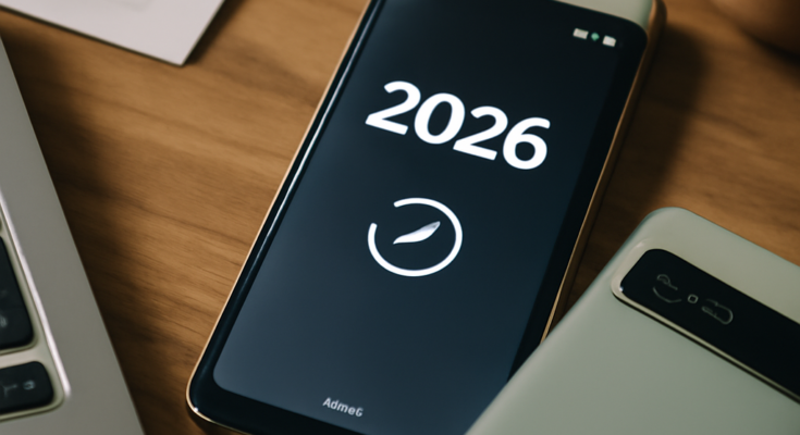 Smartphone mit Google-Pixel-Oberfläche, auf dem ein System-Update-Screen mit Fortschrittsbalken und Jahreszahl 2026 zu sehen ist, dazu Überschrift zum kommenden großen Pixel-Update mit neuen Funktionen, längeren Update-Garantien und Sicherheitsverbesserungen.