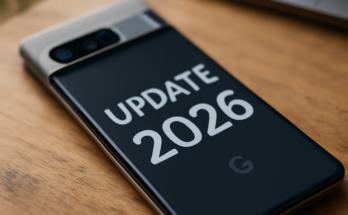 Alt-Text: Smartphone mit Google-Pixel-Oberfläche zeigt ein System-Update auf dem Bildschirm, daneben ein stilisiertes Kalenderblatt mit „2026“ – symbolisiert den Start eines neuen Update-Zyklus mit langfristigen Funktionen und Sicherheitsverbesserungen für Pixel-Geräte.
