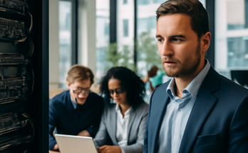 Symbolbild mit moderner Stadt- oder Unternehmensszene bei Nacht, darüber digitale Netzwerke, Datenströme und Sicherheitssymbole wie ein Schloss oder Schild – verdeutlicht IT-Sicherheit, Datenschutz und Cyber-Resilienz als zentralen Standortfaktor für Investitionen und digitale Geschäftsmodelle.