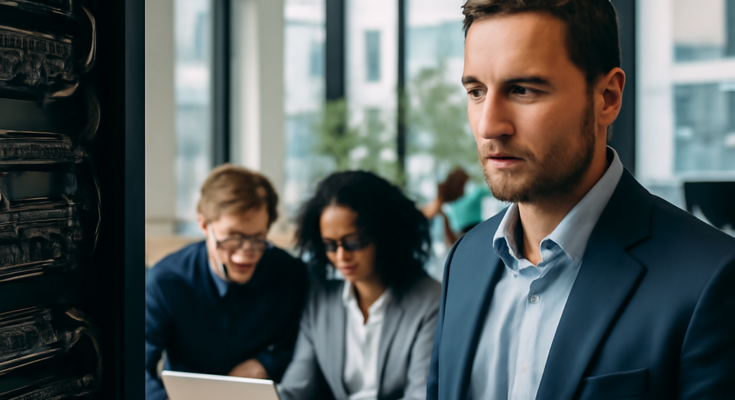 Symbolbild mit moderner Stadt- oder Unternehmensszene bei Nacht, darüber digitale Netzwerke, Datenströme und Sicherheitssymbole wie ein Schloss oder Schild – verdeutlicht IT-Sicherheit, Datenschutz und Cyber-Resilienz als zentralen Standortfaktor für Investitionen und digitale Geschäftsmodelle.