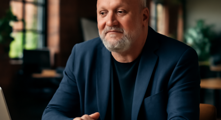 Alt-Text: „Porträt von Amazon-CTO Werner Vogels vor einem abstrakten, futuristischen Hintergrund aus Cloud- und Datenvisualisierungen, Symbolen für KI, vernetzte Geräte und Cybersecurity – sinnbildlich für seine Einschätzung der wichtigsten Tech-Trends 2026.“
