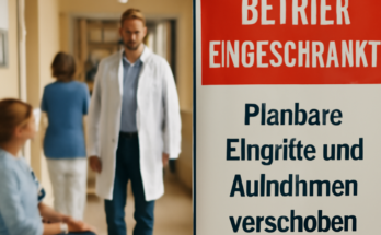 Außenansicht eines Wiesbadener Krankenhauses mit Hinweis auf eingeschränkten Betrieb; Notaufnahme und Akutversorgung laufen weiter, planbare Eingriffe können verschoben werden.