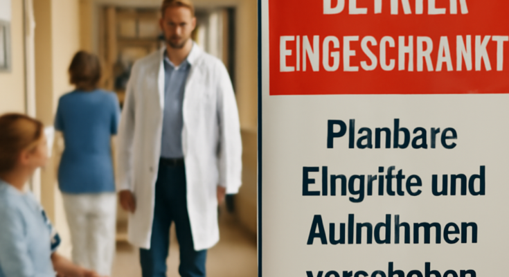 Außenansicht eines Wiesbadener Krankenhauses mit Hinweis auf eingeschränkten Betrieb; Notaufnahme und Akutversorgung laufen weiter, planbare Eingriffe können verschoben werden.