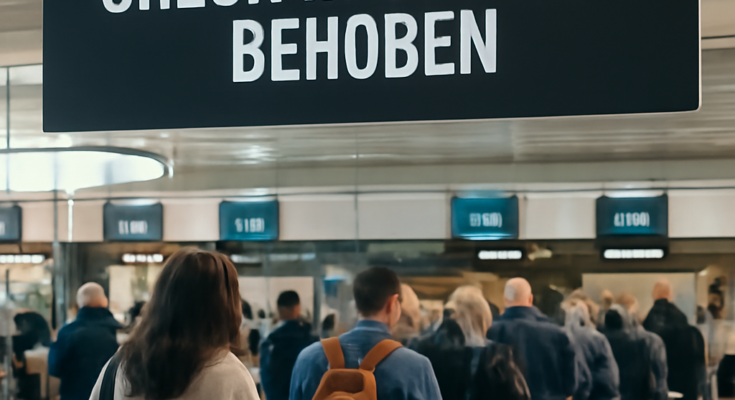 Symbolfoto: Terminal im Flughafen Düsseldorf mit Check-in-Schaltern; Hinweis, dass die Check-in-Störung behoben ist.