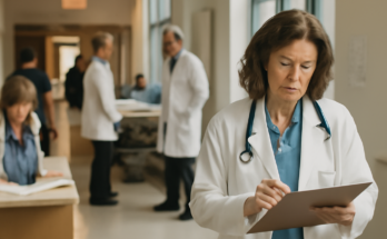 Alt-Text: Außenansicht eines Wiesbadener Krankenhauses mit Rettungswagen vor dem Eingang, dazu ein Hinweis auf eingeschränkten Betrieb nach IT-Störung, Notfallversorgung läuft, planbare Behandlungen verschoben.