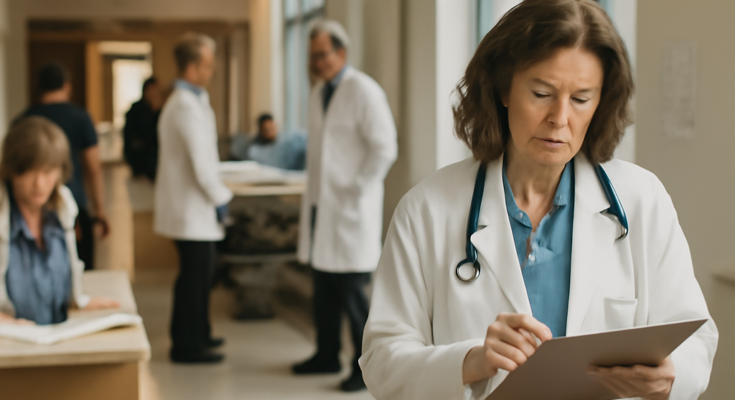 Alt-Text: Außenansicht eines Wiesbadener Krankenhauses mit Rettungswagen vor dem Eingang, dazu ein Hinweis auf eingeschränkten Betrieb nach IT-Störung, Notfallversorgung läuft, planbare Behandlungen verschoben.