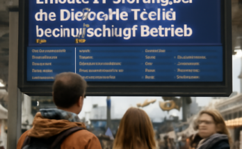 Digitalanzeige am Bahnhof zeigt Verspätungen und Zugausfälle nach erneuter IT-Störung bei der Deutschen Bahn.