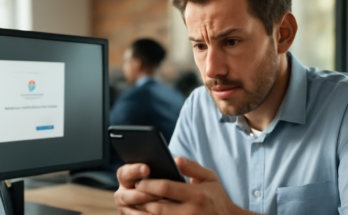 Symbolbild: Arbeitgeber blickt übergroß auf Smartphone-Chats einer angestellten Person, die besorgt auf ihr Handy schaut – Darstellung der möglichen Einsicht und Speicherung privater Nachrichten durch Unternehmen im Zuge neuer Google- und Überwachungstechniken.