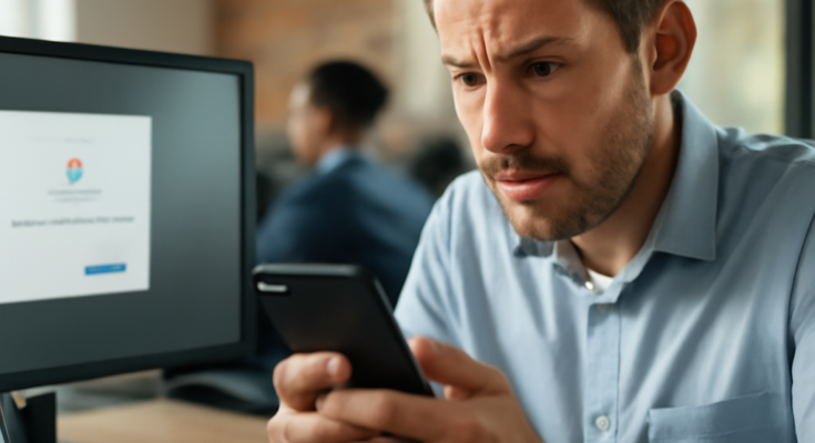 Symbolbild: Arbeitgeber blickt übergroß auf Smartphone-Chats einer angestellten Person, die besorgt auf ihr Handy schaut – Darstellung der möglichen Einsicht und Speicherung privater Nachrichten durch Unternehmen im Zuge neuer Google- und Überwachungstechniken.
