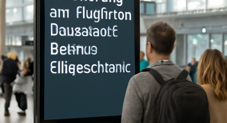 Alt-Text: **„Anzeigetafeln im Terminal des Flughafens Düsseldorf während einer IT‑Störung; Passagiere warten vor den Check-in-Schaltern.“**