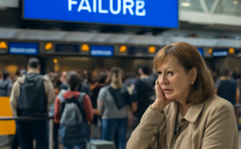 Lange Schlangen frustrierter Passagiere vor Check-in-Schaltern am Flughafen Düsseldorf nach IT-Störung, viele Reisende mit Gepäck warten unsicher, ob ihre Flüge noch erreicht werden.