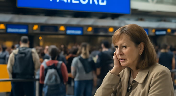 Lange Schlangen frustrierter Passagiere vor Check-in-Schaltern am Flughafen Düsseldorf nach IT-Störung, viele Reisende mit Gepäck warten unsicher, ob ihre Flüge noch erreicht werden.
