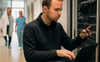 Symbolbild eines Krankenhauses in Wiesbaden mit Fokus auf IT- und Technik-Infrastruktur, das die inzwischen behobene IT-Störung und den wieder weitgehend normalen Klinikbetrieb in den Helios Dr. Horst Schmidt Kliniken visualisiert.